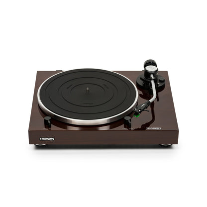 Thorens TD 204 Plattenspieler Nussbaum Hochglanz Frontansicht mit Plattenteller und Tonarm