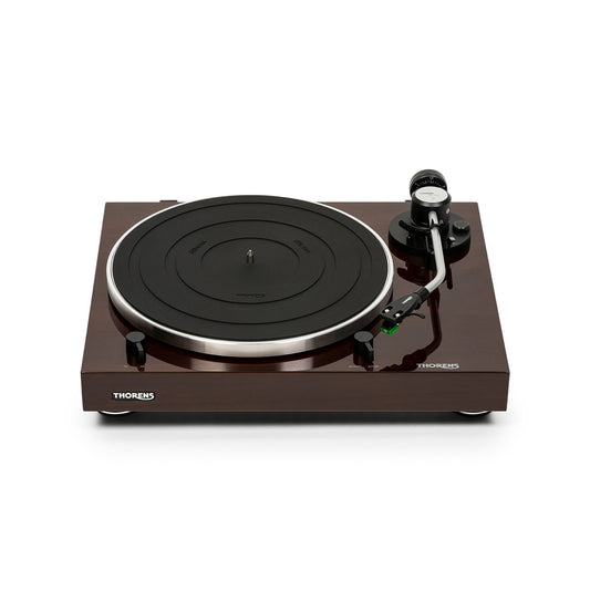 Thorens TD 204 Plattenspieler Nussbaum Hochglanz Frontansicht mit Plattenteller und Tonarm