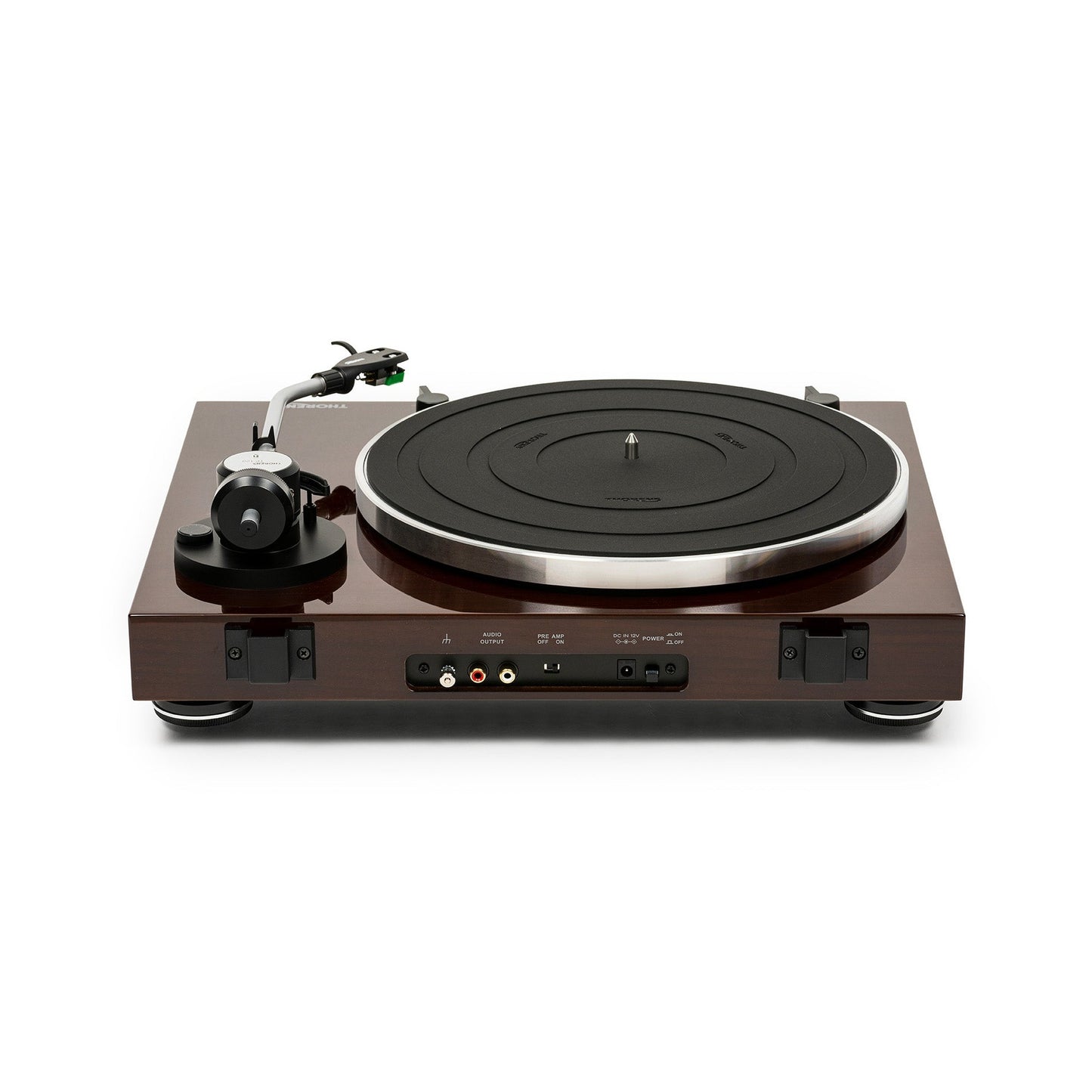 Thorens TD 204 Plattenspieler Nussbaum Hochglanz Rückansicht mit Anschlussfeld und Cinch-Ausgang