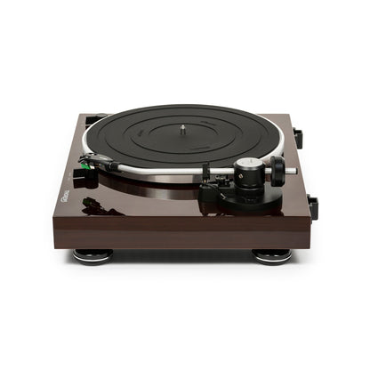 Thorens TD 204 Plattenspieler Nussbaum Hochglanz Seitenansicht mit Tonarm und Gegengewicht