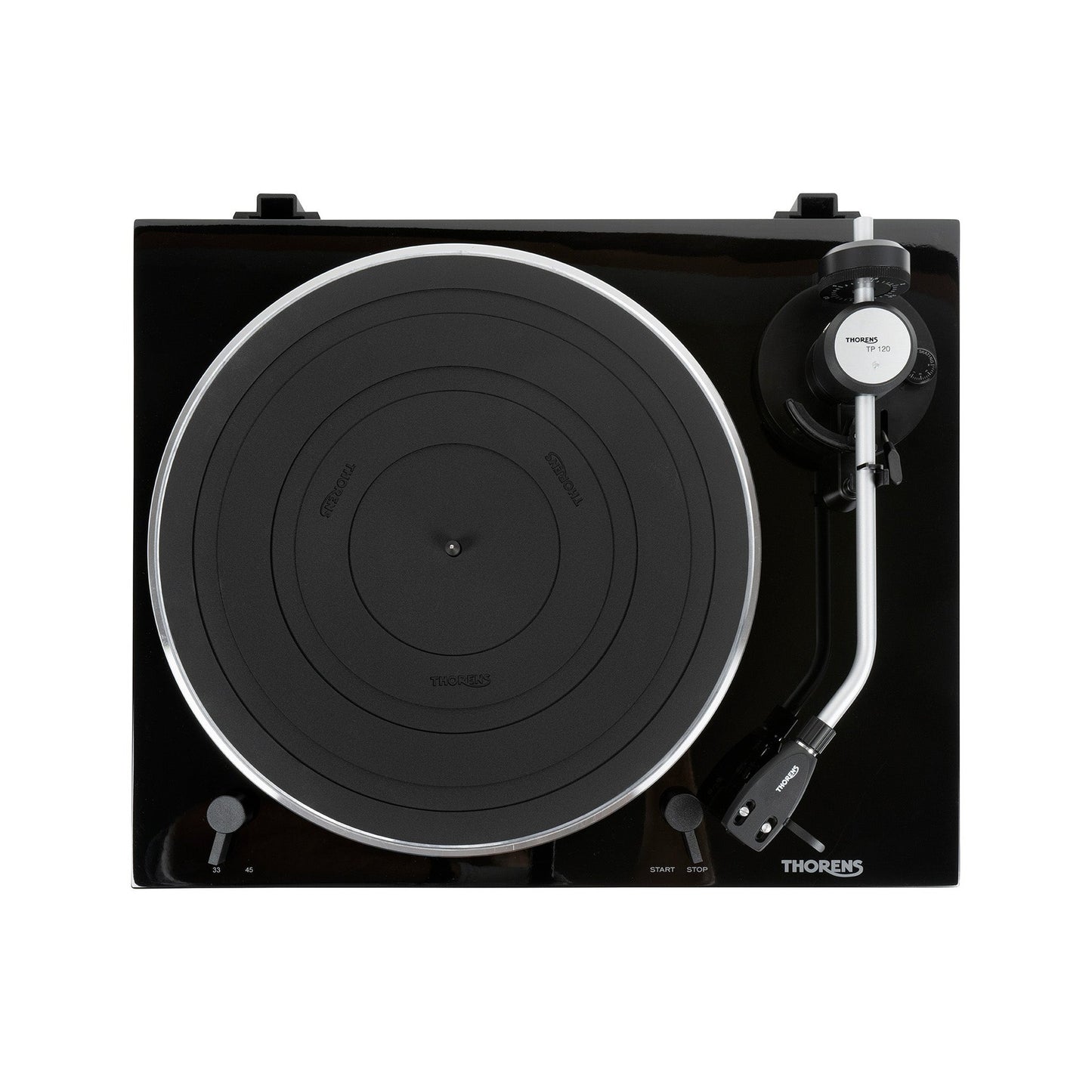 Thorens TD 204 Plattenspieler Schwarz Hochglanz Draufsicht mit Plattenteller und Tonarm TP 120