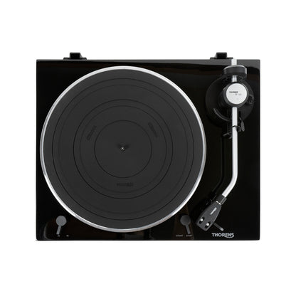 Thorens TD 204 Plattenspieler Schwarz Hochglanz Draufsicht mit Plattenteller und Tonarm TP 120