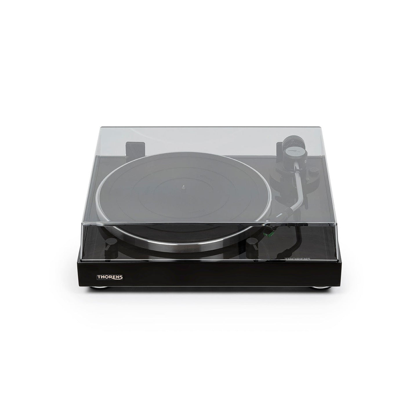 Thorens TD 204 Plattenspieler Schwarz Hochglanz Frontansicht 2 mit geschlossener Staubschutzhaube