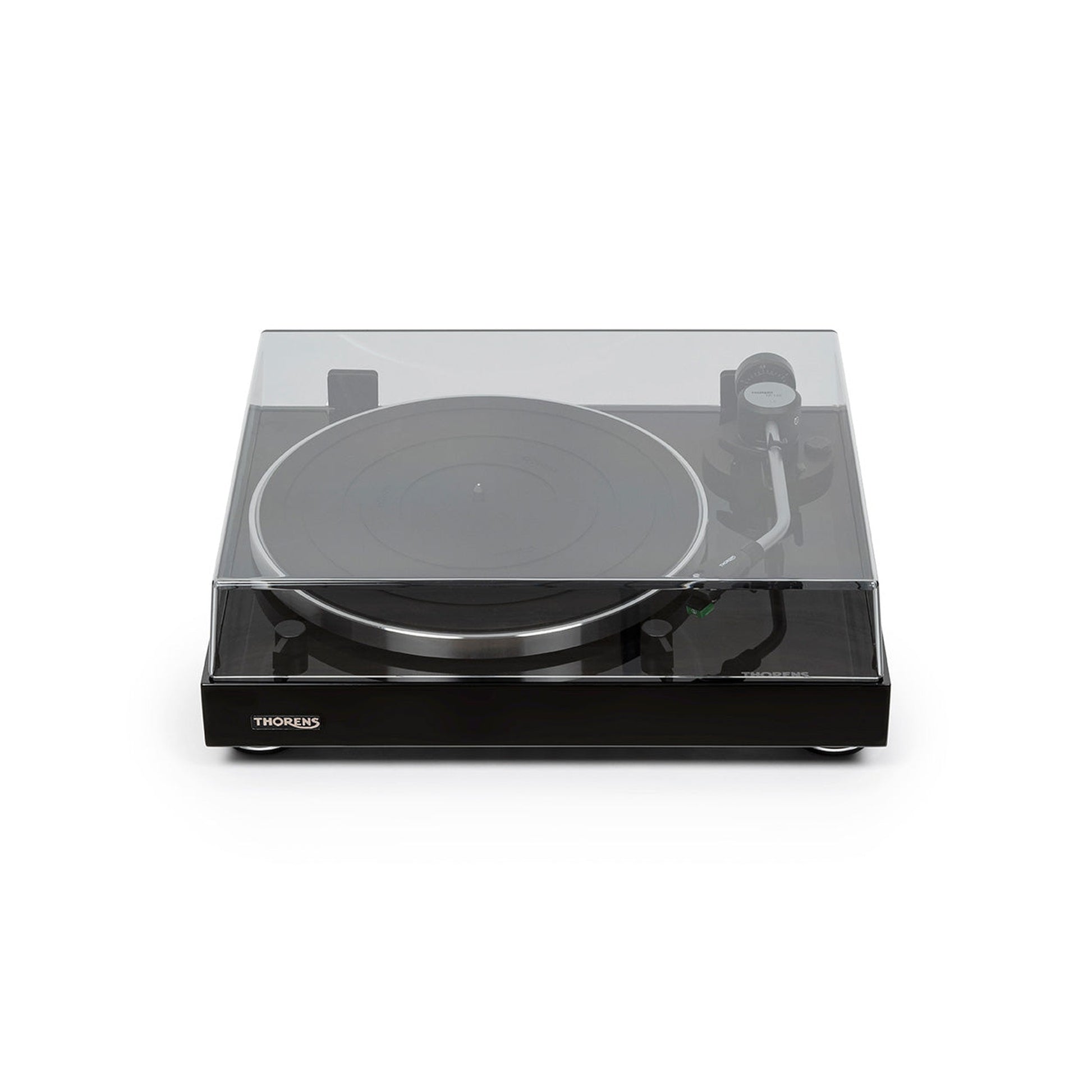 Thorens TD 204 Plattenspieler Schwarz Hochglanz Frontansicht 2 mit geschlossener Staubschutzhaube