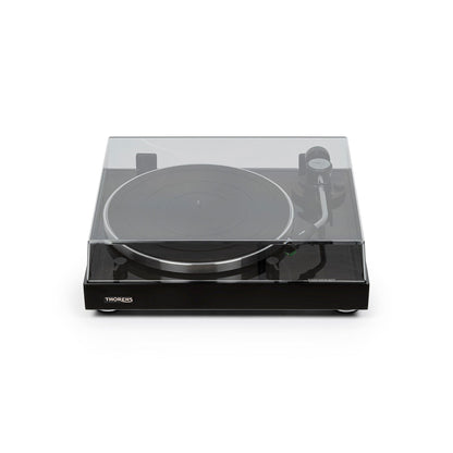 Thorens TD 204 Plattenspieler Schwarz Hochglanz Frontansicht 2 mit geschlossener Staubschutzhaube