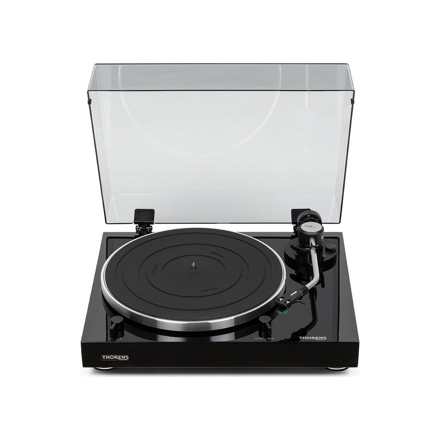 Thorens TD 204 Plattenspieler Schwarz Hochglanz Frontansicht 3 mit geöffneter Staubschutzhaube