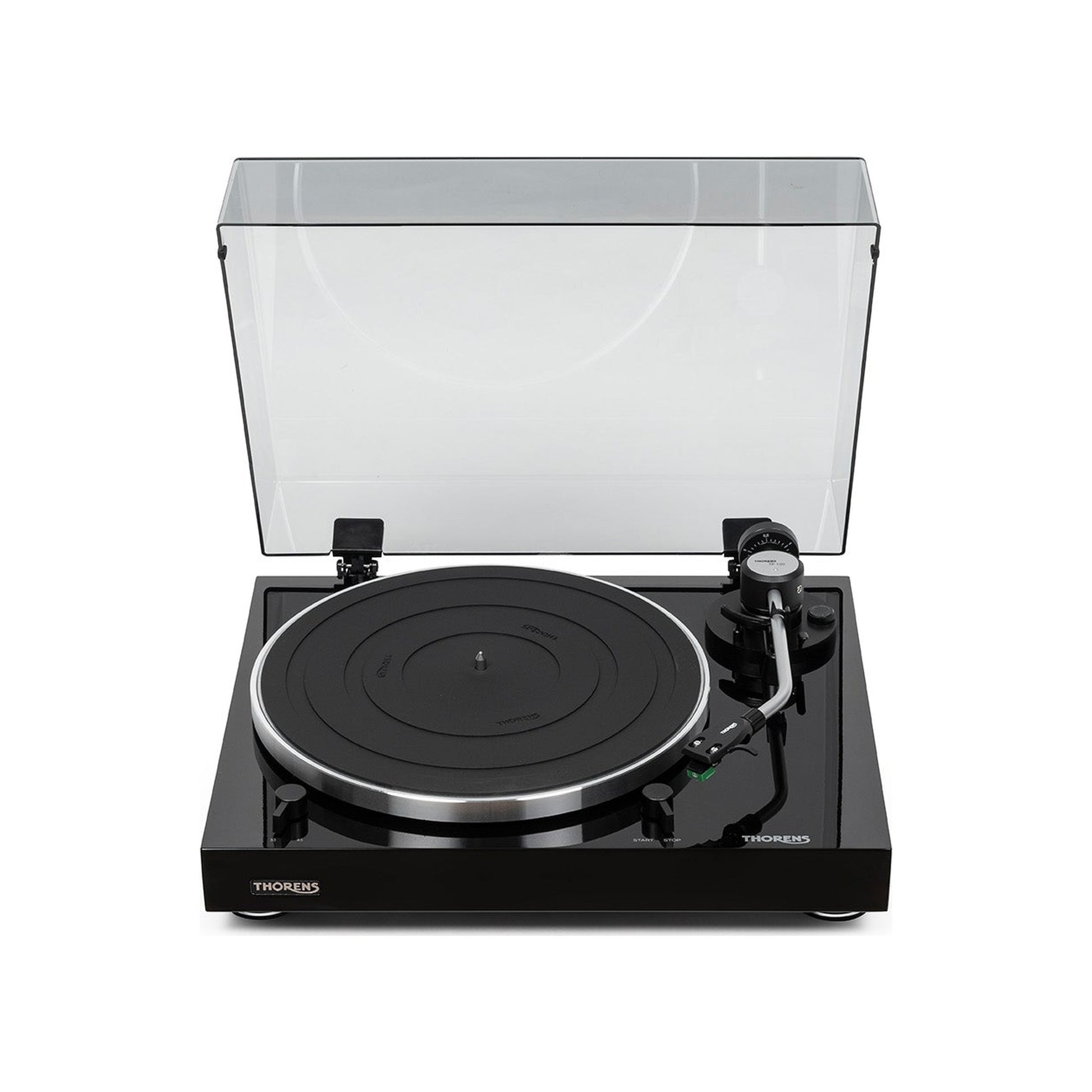 Thorens TD 204 Plattenspieler Schwarz Hochglanz Frontansicht 3 mit geöffneter Staubschutzhaube