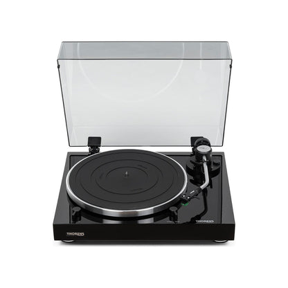 Thorens TD 204 Plattenspieler Schwarz Hochglanz Frontansicht 3 mit geöffneter Staubschutzhaube