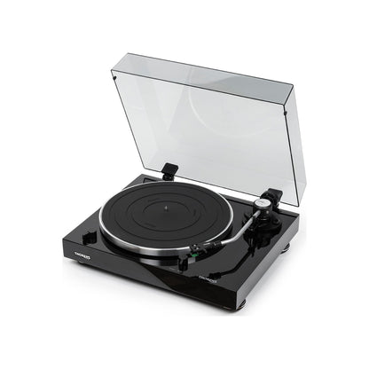 Thorens TD 204 Plattenspieler Schwarz Hochglanz Frontansicht 4 mit geöffneter Staubschutzhaube