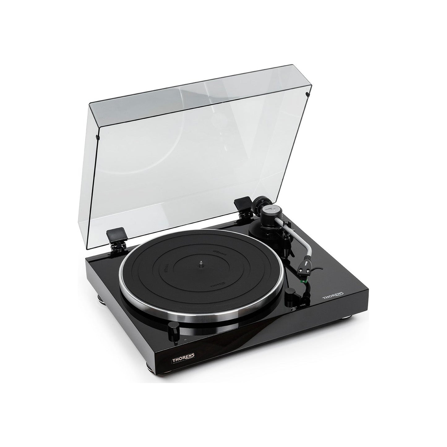 Thorens TD 204 Plattenspieler Schwarz Hochglanz Frontansicht 5 mit geöffneter Staubschutzhaube von links