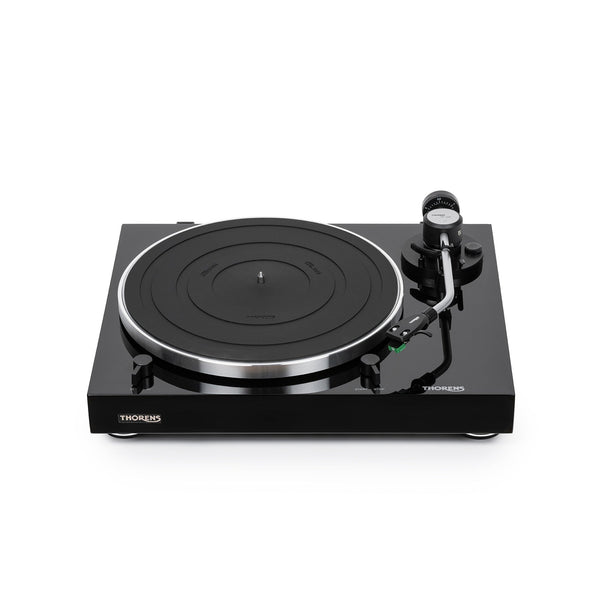 Thorens TD 204 Plattenspieler Schwarz Hochglanz Frontansicht mit Plattenteller und Tonarm