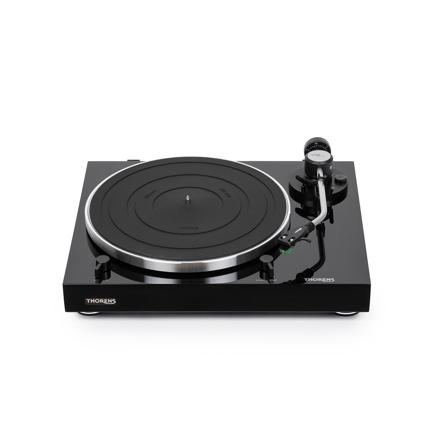 Thorens TD 204 Plattenspieler Schwarz Hochglanz Frontansicht mit Plattenteller und Tonarm