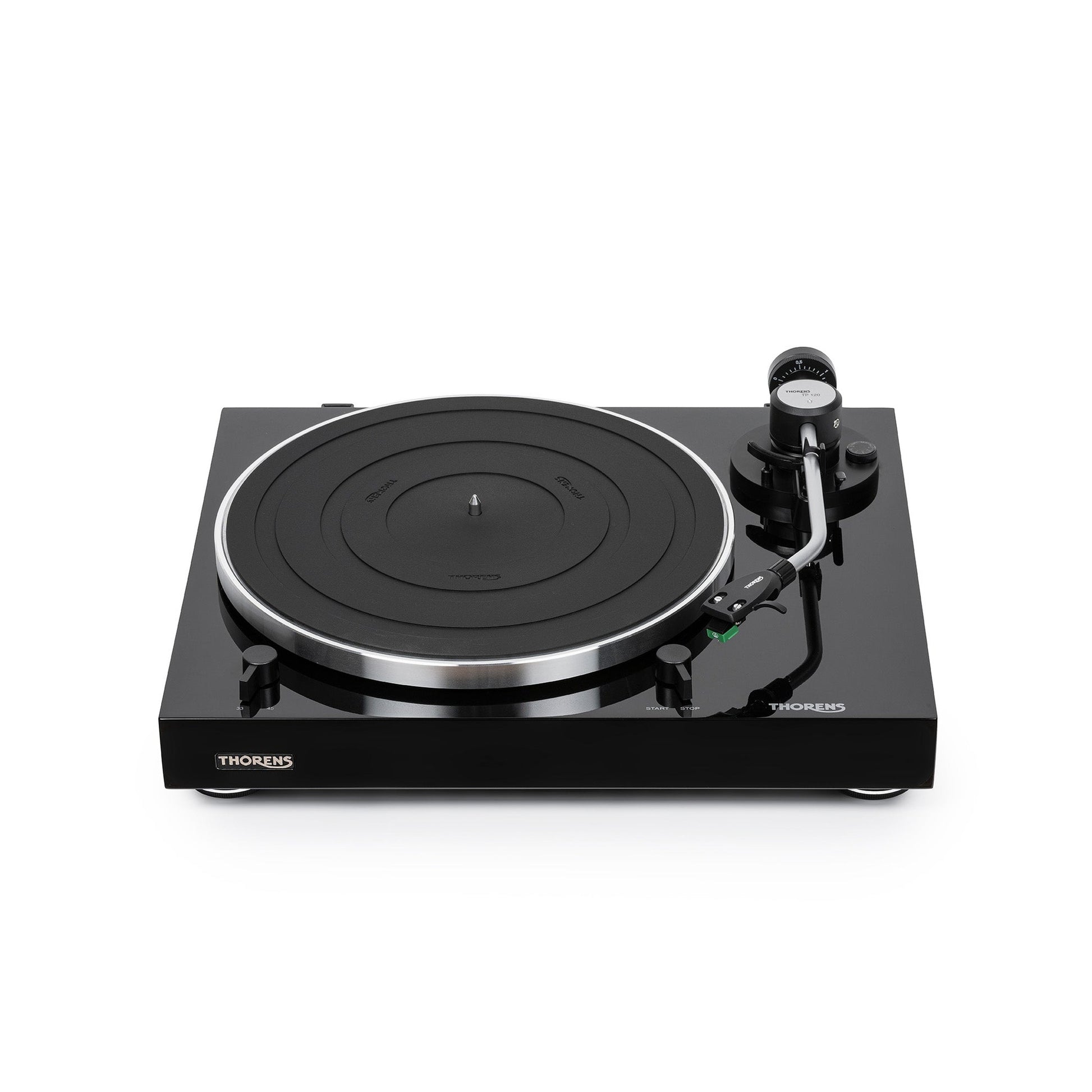 Thorens TD 204 Plattenspieler Schwarz Hochglanz Frontansicht mit Plattenteller und Tonarm