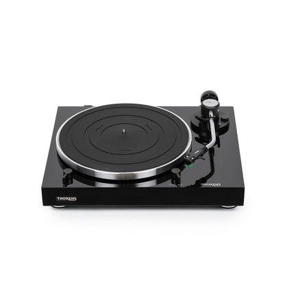 Thorens TD 204 Plattenspieler Schwarz Hochglanz Frontansicht mit Plattenteller und Tonarm
