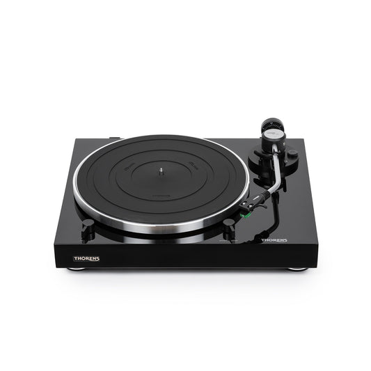 Thorens TD 204 Plattenspieler Schwarz Hochglanz Frontansicht mit Plattenteller und Tonarm