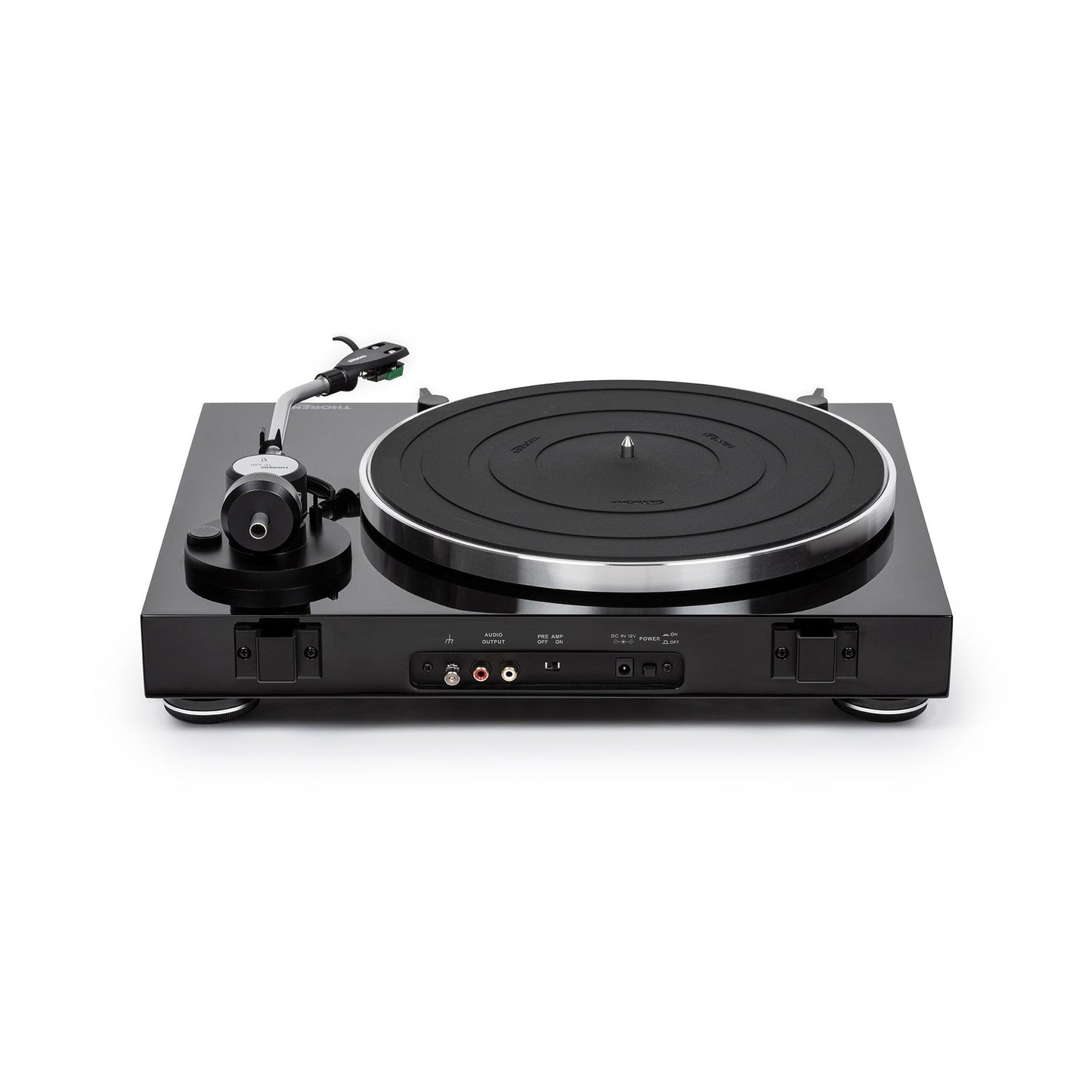 Thorens TD 204 Plattenspieler Schwarz Hochglanz Rückansicht mit Anschlussfeld und Cinch-Ausgang