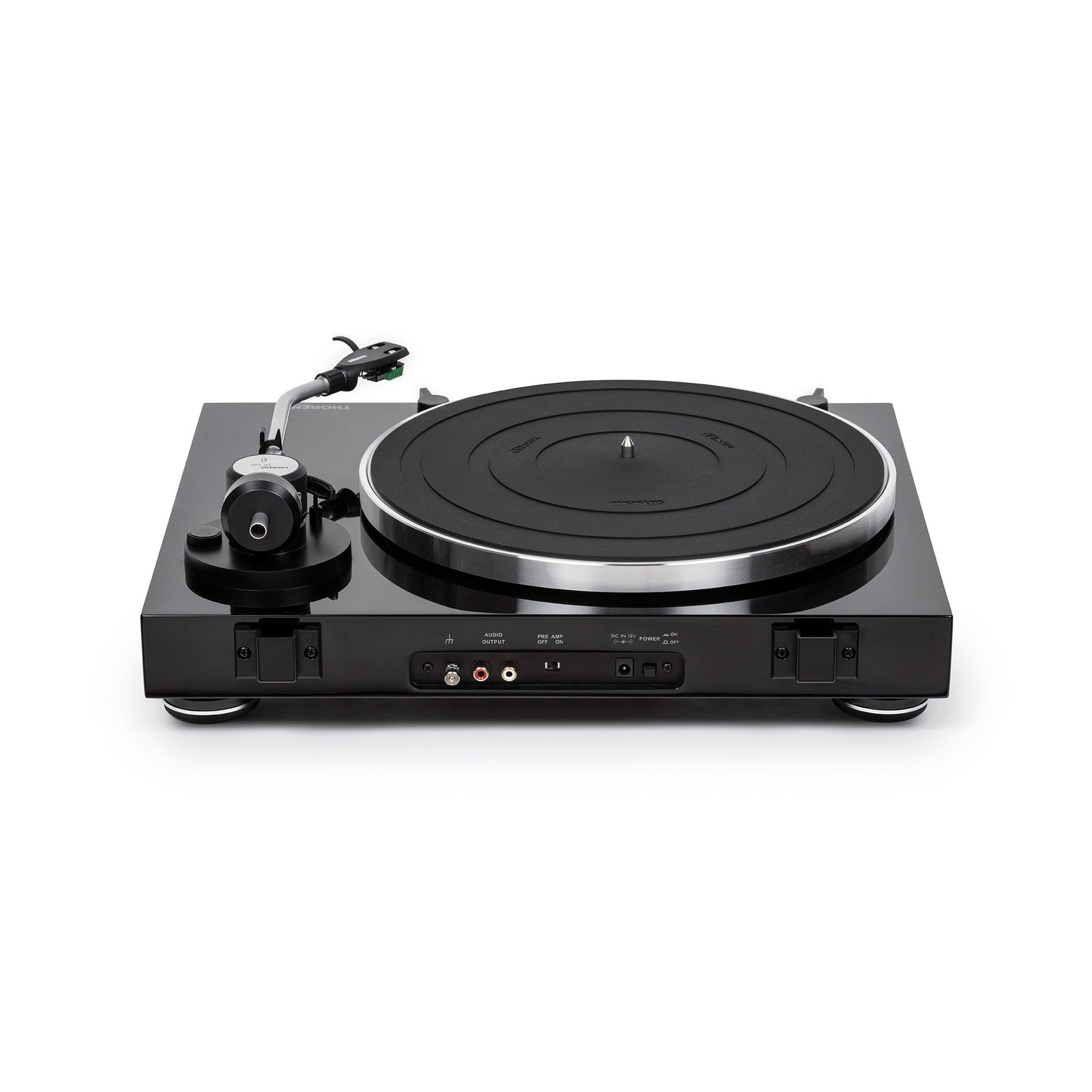 Thorens TD 204 Plattenspieler Schwarz Hochglanz Rückansicht mit Anschlussfeld und Cinch-Ausgang
