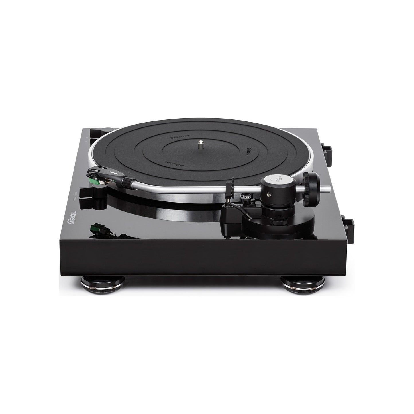 Thorens TD 204 Plattenspieler Schwarz Hochglanz Seitenansicht mit Tonarm und Gegengewicht