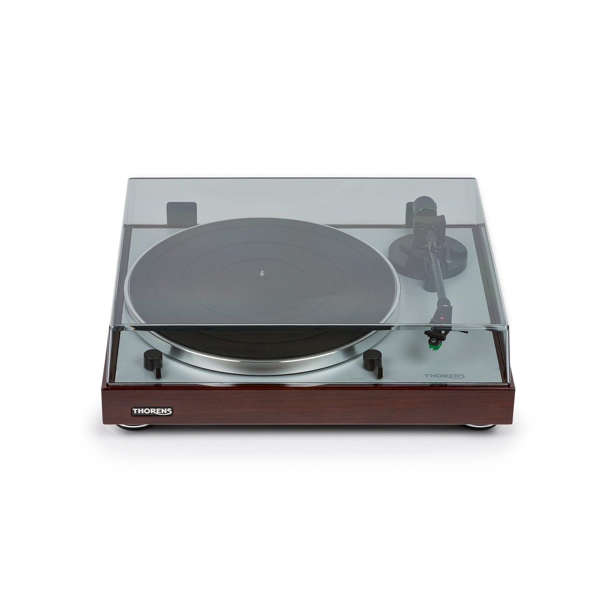 Thorens TD 402 DD Plattenspieler Nussbaum Hochglanz Frontansicht 2 mit geschlossener Staubschutzhaube