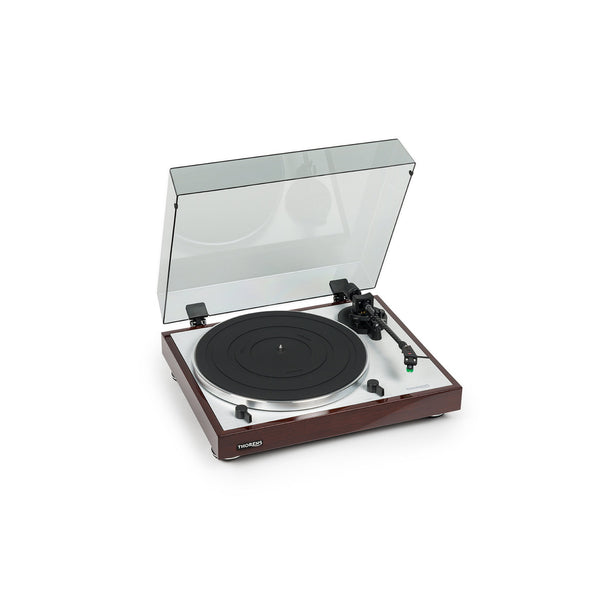Thorens TD 402 DD Plattenspieler Nussbaum Hochglanz Frontansicht mit geöffneter Staubschutzhaube