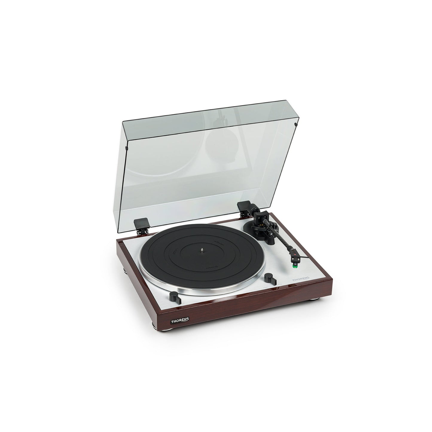 Thorens TD 402 DD Plattenspieler Nussbaum Hochglanz Frontansicht mit geöffneter Staubschutzhaube