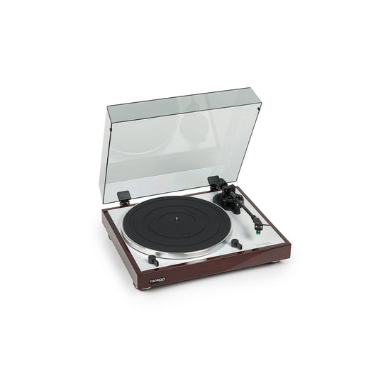 Thorens TD 402 DD Plattenspieler Nussbaum Hochglanz Frontansicht mit geöffneter Staubschutzhaube