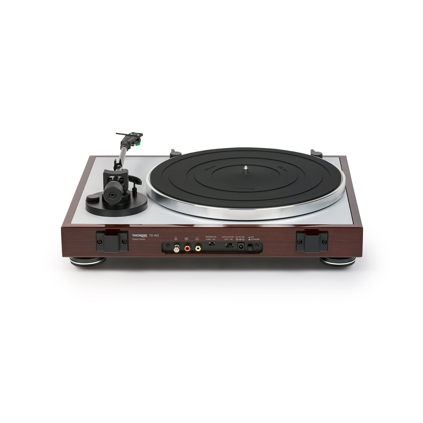Thorens TD 402 DD Plattenspieler Nussbaum Hochglanz Rückansicht mit Anschlussfeld und Cinch-Ausgang