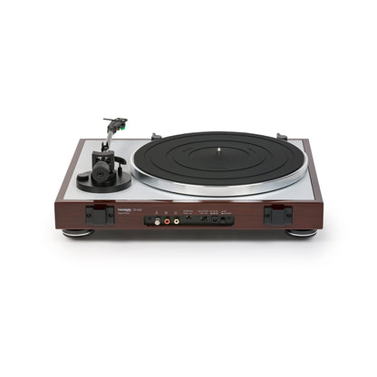 Thorens TD 402 DD Plattenspieler Nussbaum Hochglanz Rückansicht mit Anschlussfeld und Cinch-Ausgang