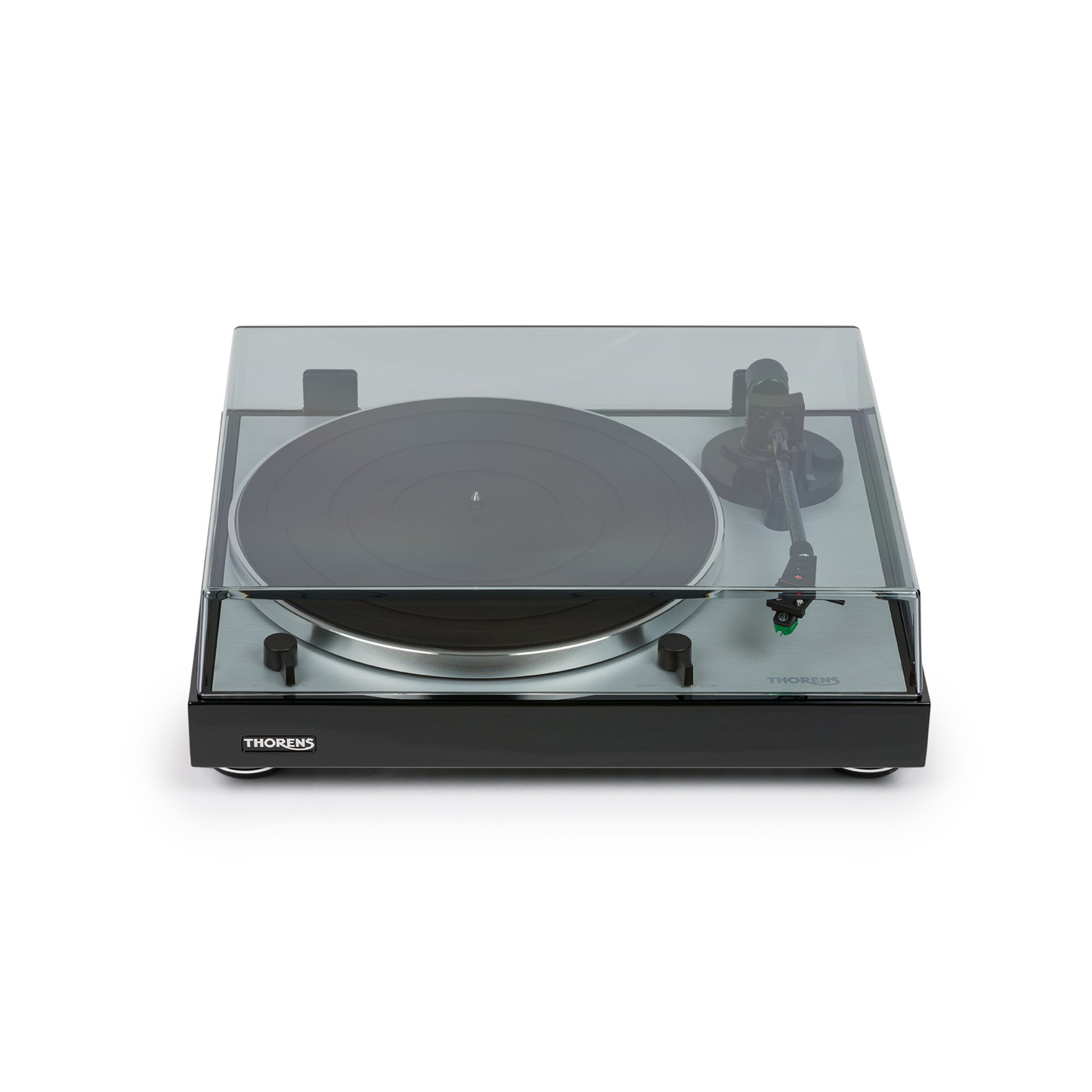 Thorens TD 402 DD Plattenspieler Schwarz Hochglanz Frontansicht 2 mit geschlossener Staubschutzhaube