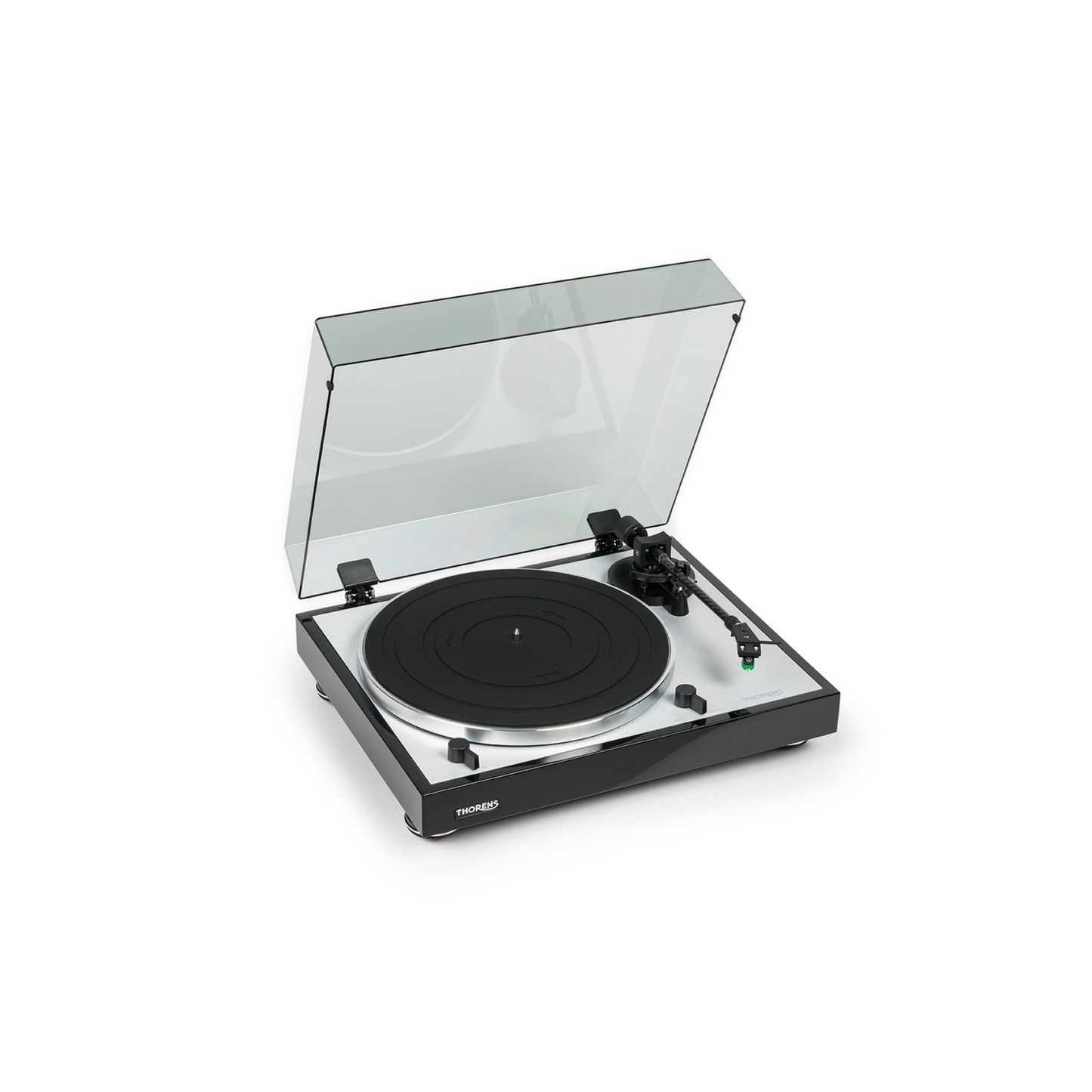 Thorens TD 402 DD Plattenspieler Schwarz Hochglanz Frontansicht 3 mit geöffneter Staubschutzhaube