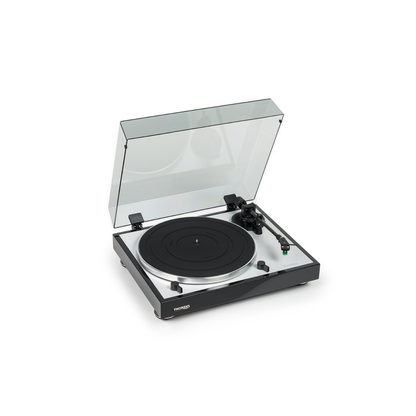 Thorens TD 402 DD Plattenspieler Schwarz Hochglanz Frontansicht 3 mit geöffneter Staubschutzhaube