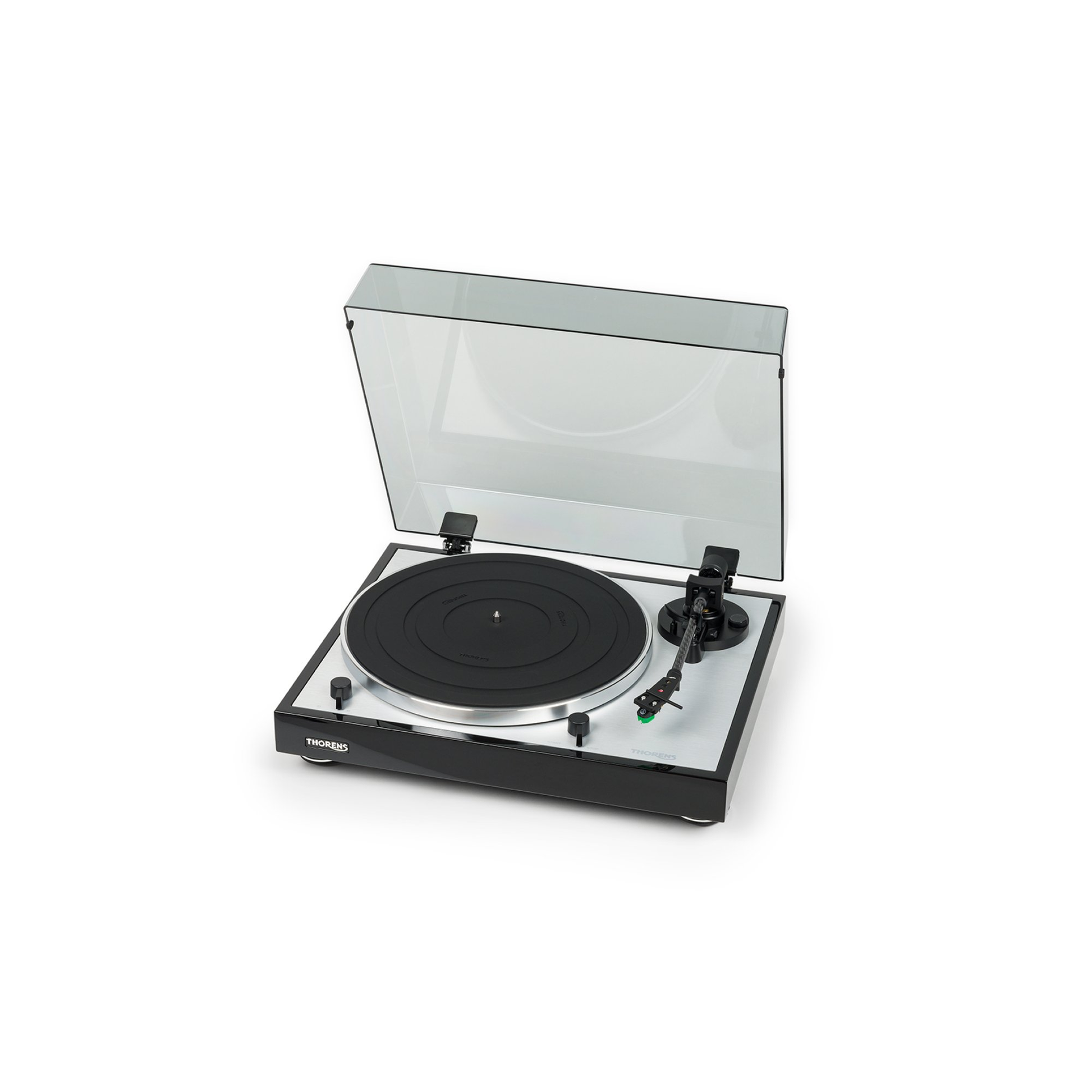 Thorens TD 402 DD Plattenspieler Schwarz Hochglanz Frontansicht 4 mit geöffneter Staubschutzhaube von rechts