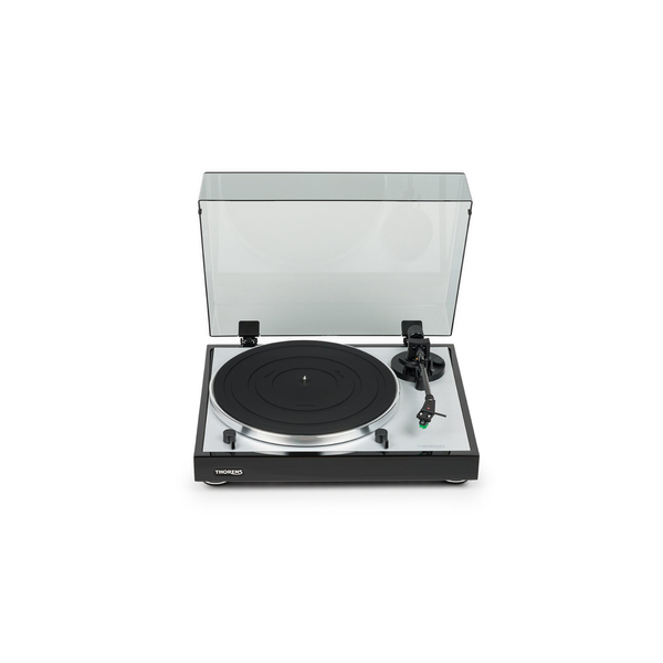 Thorens TD 402 DD Plattenspieler Schwarz Hochglanz Frontansicht mit geöffneter Staubschutzhaube