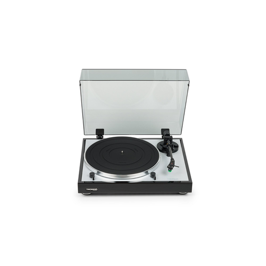 Thorens TD 402 DD Plattenspieler Schwarz Hochglanz Frontansicht mit geöffneter Staubschutzhaube