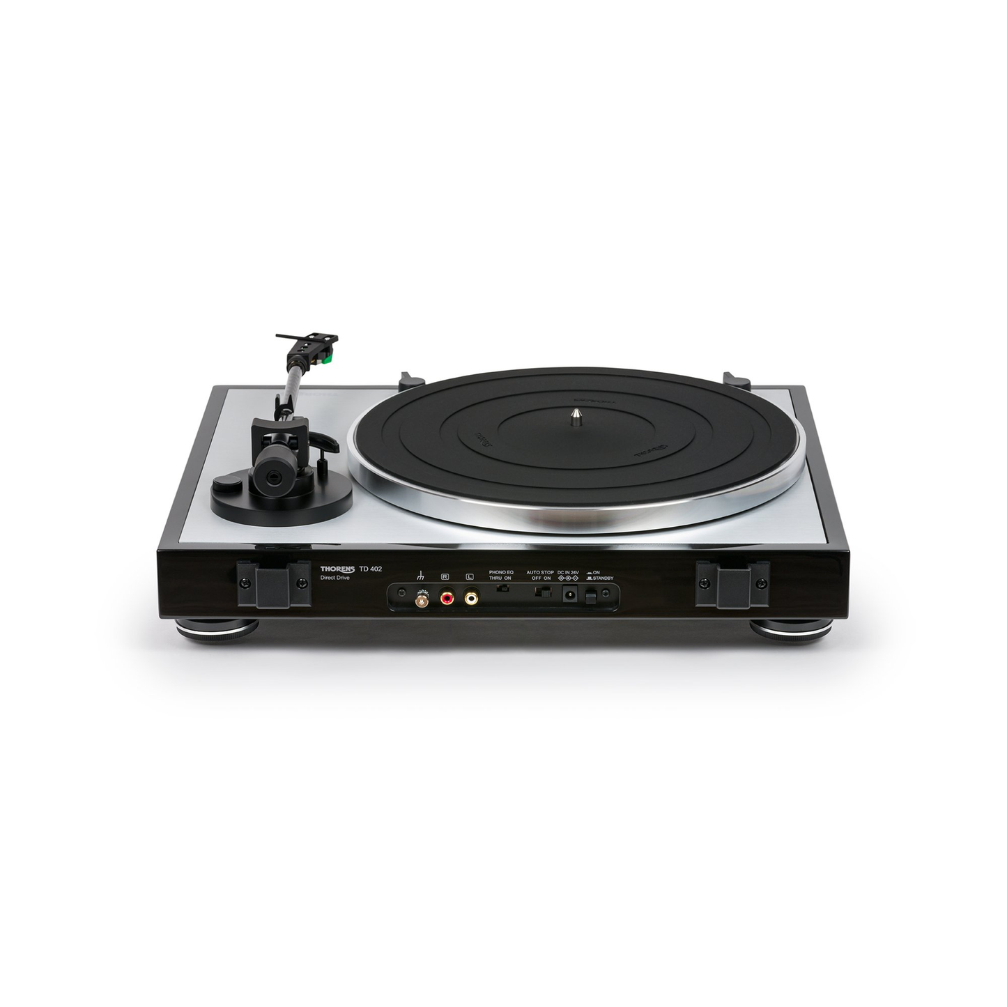 Thorens TD 402 DD Plattenspieler Schwarz Hochglanz Rückansicht mit Anschlussfeld und Cinch-Ausgang