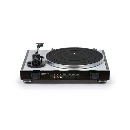 Thorens TD 402 DD Plattenspieler Schwarz Hochglanz Rückansicht mit Anschlussfeld und Cinch-Ausgang