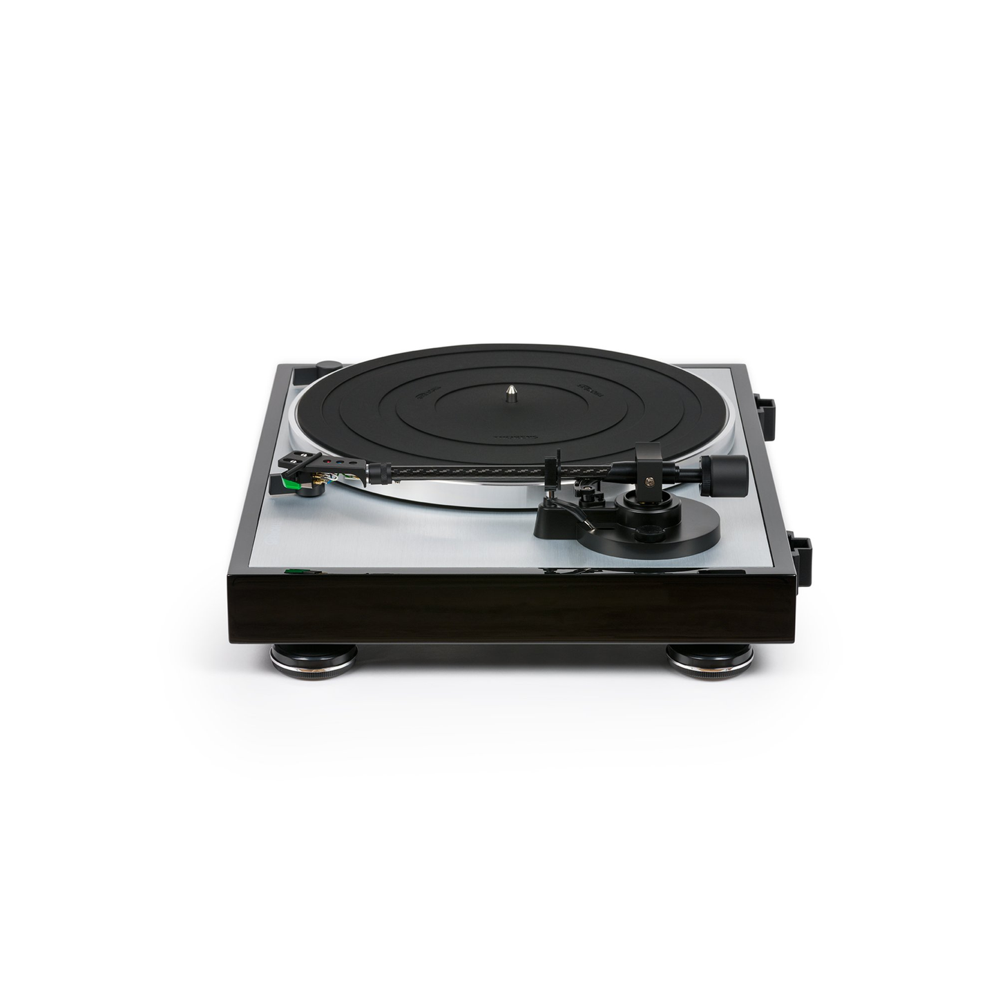 Thorens TD 402 DD Plattenspieler Schwarz Hochglanz Seitenansicht mit Tonarm und Plattenteller