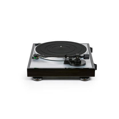 Thorens TD 402 DD Plattenspieler Schwarz Hochglanz Seitenansicht mit Tonarm und Plattenteller