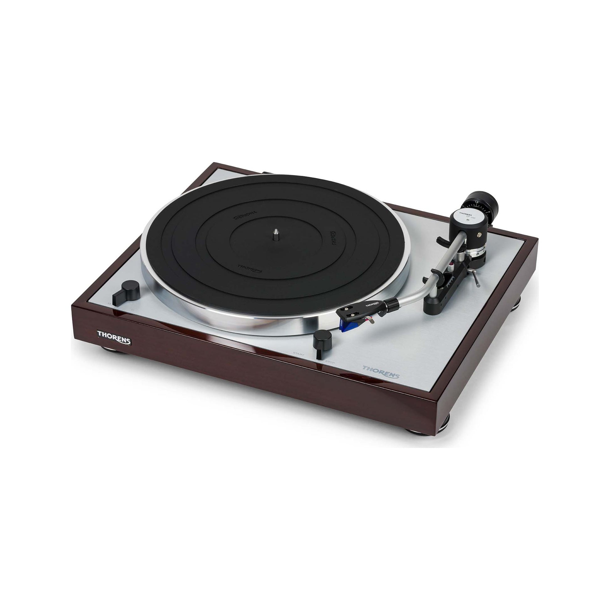 Thorens TD 403 DD Plattenspieler Nussbaum Hochglanz Draufsicht 2 auf Plattenteller und Tonarm TP 150