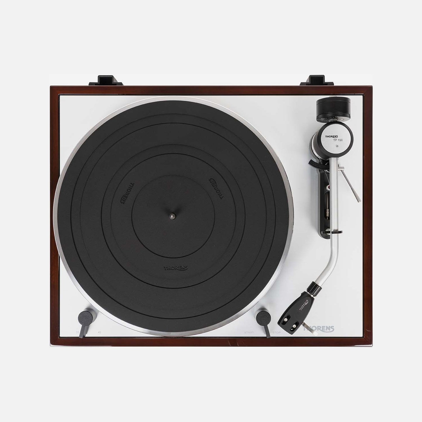 Thorens TD 403 DD Plattenspieler Nussbaum Hochglanz Draufsicht mit Tonarm TP 150