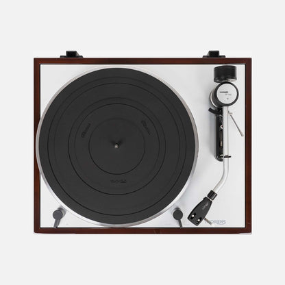 Thorens TD 403 DD Plattenspieler Nussbaum Hochglanz Draufsicht mit Tonarm TP 150