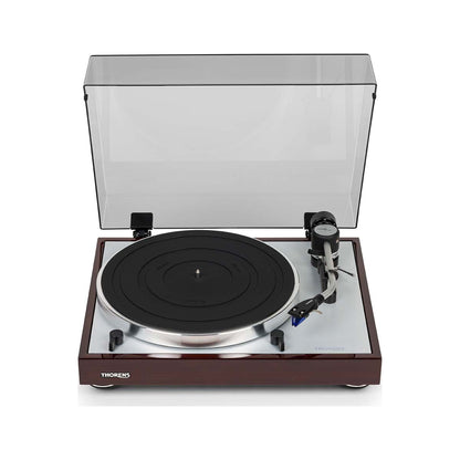Thorens TD 403 DD Plattenspieler Nussbaum Hochglanz Frontansicht 2 mit geöffneter Staubschutzhaube