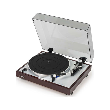 Thorens TD 403 DD Plattenspieler Nussbaum Hochglanz Frontansicht 3 mit geöffneter Staubschutzhaube