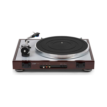 Thorens TD 403 DD Plattenspieler Nussbaum Hochglanz Rückansicht mit Cinch-Ausgängen, Masse und DC-Eingang