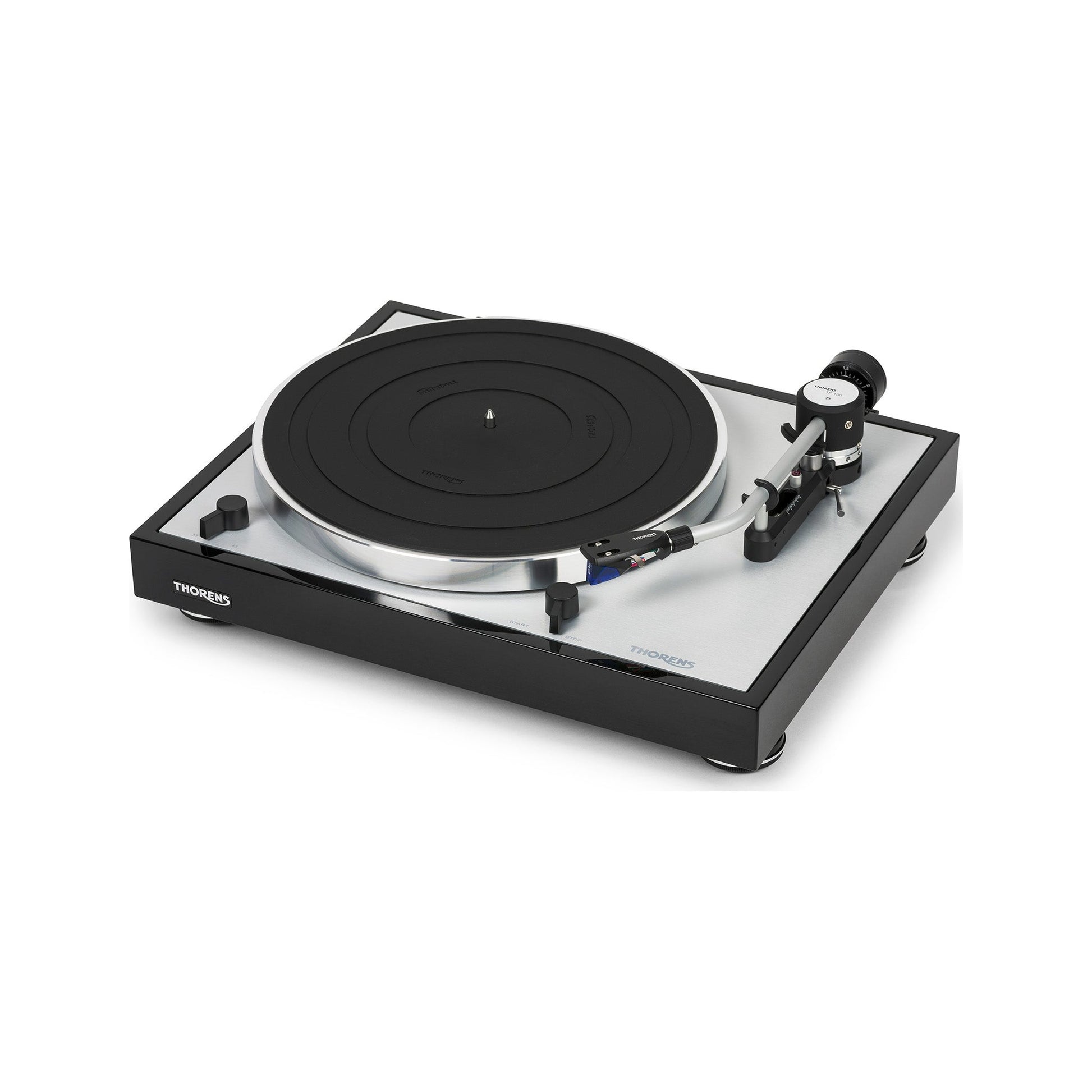 Thorens TD 403 DD Plattenspieler Schwarz Hochglanz Draufsicht 2 auf Plattenteller und Tonarm TP 150