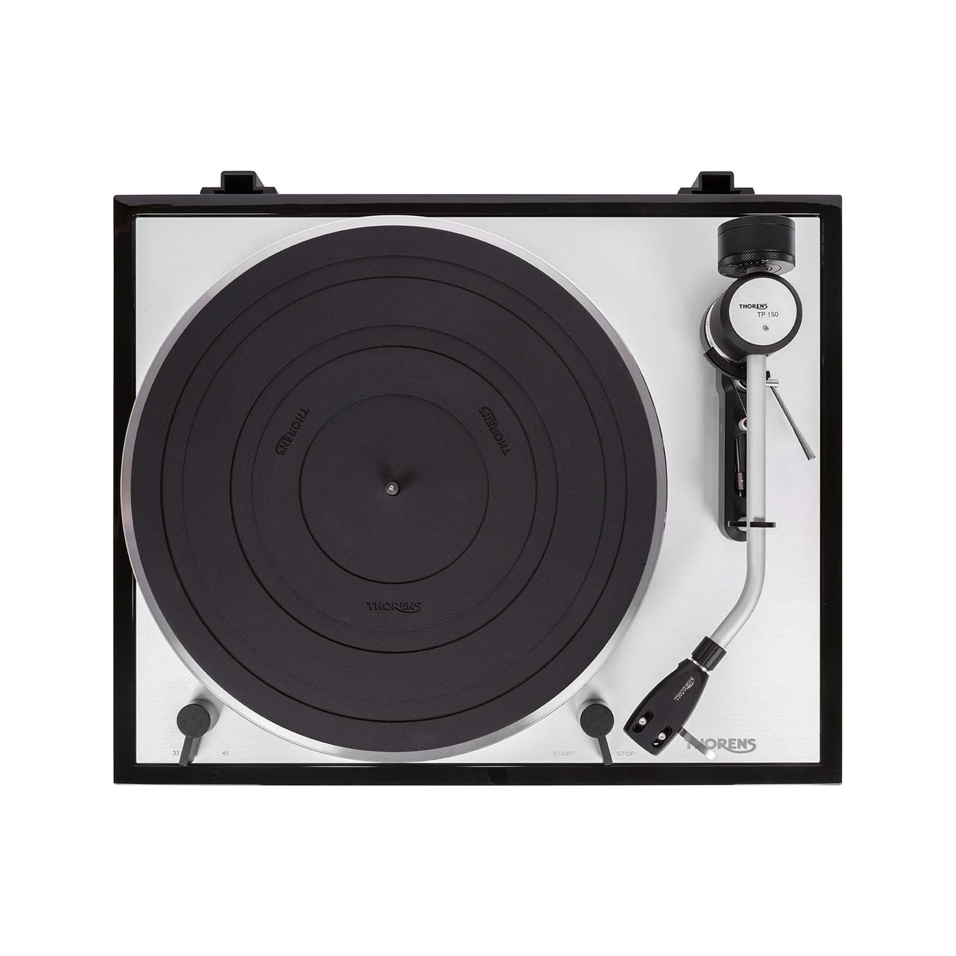 Thorens TD 403 DD Plattenspieler Schwarz Hochglanz Draufsicht mit Plattenteller und Tonarm TP 150