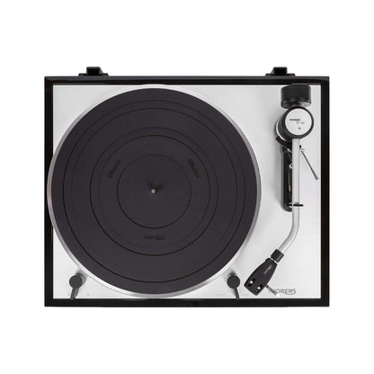 Thorens TD 403 DD Plattenspieler Schwarz Hochglanz Draufsicht mit Plattenteller und Tonarm TP 150