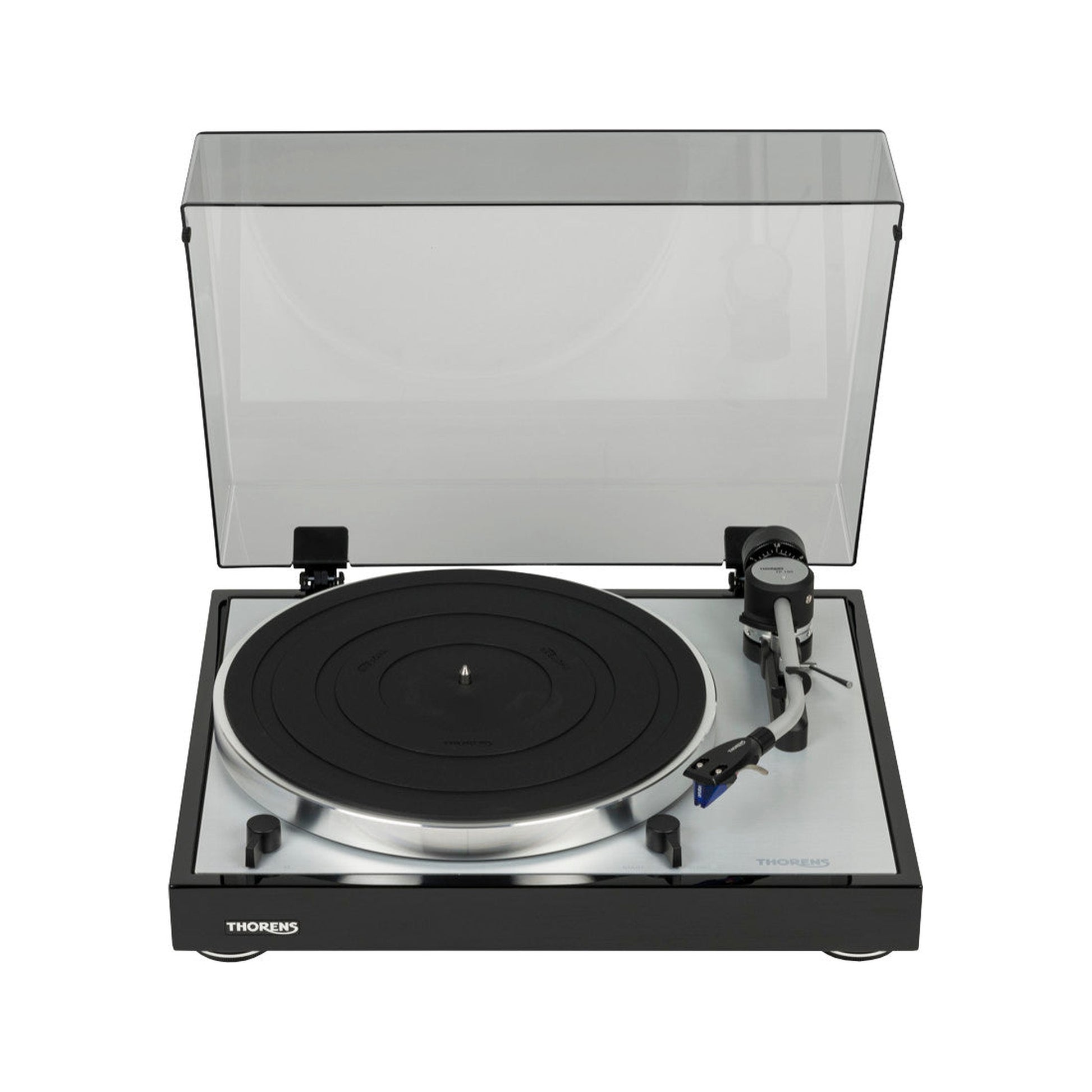 Thorens TD 403 DD Plattenspieler Schwarz Hochglanz Frontansicht 2 mit geöffneter Staubschutzhaube