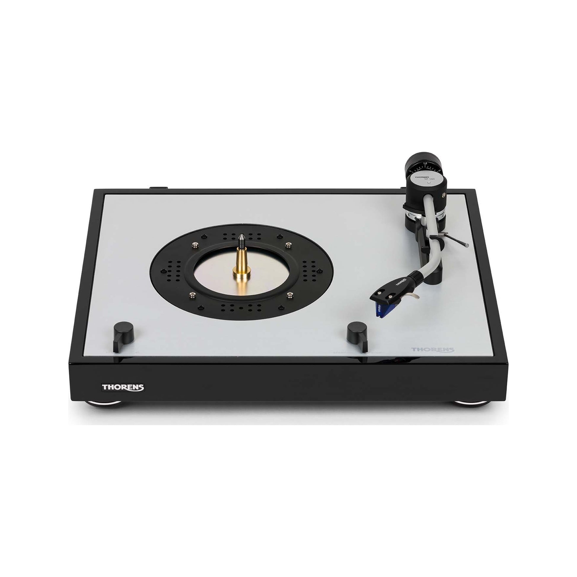 Thorens TD 403 DD Plattenspieler Schwarz Hochglanz Frontansicht 3 mit abgenommenem Plattenteller und Direktantrieb