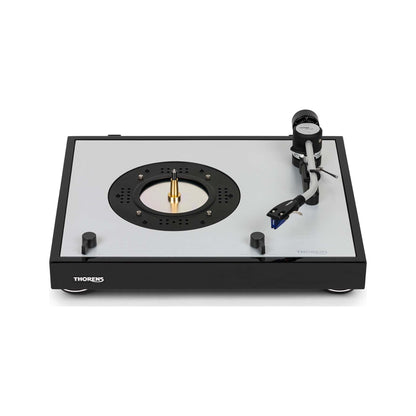 Thorens TD 403 DD Plattenspieler Schwarz Hochglanz Frontansicht 3 mit abgenommenem Plattenteller und Direktantrieb